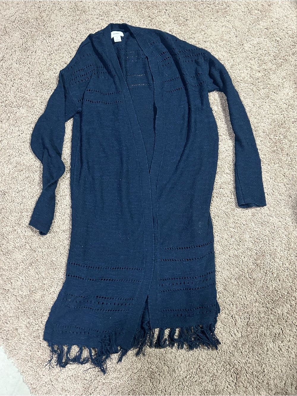 Old Navy Women Sweater Size Small Cardigan Bohemian Fringe Long Sleeve Navy Blue